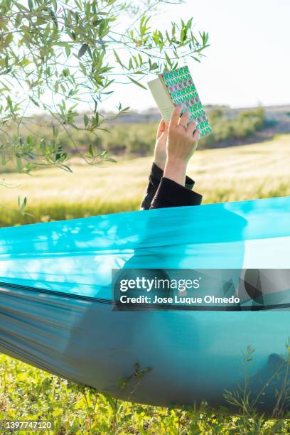 unrecognized woman resting in hammock while reading a book during a sunny day of summer at a campsite in nature. - ekoturism bildbanksfoton och bilder