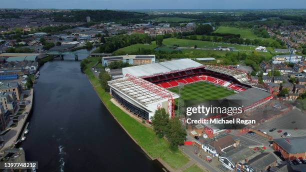 An aerial view of the City Ground is seen prior to the Sky Bet Championship Play-Off Semi Final 2nd Leg match between Nottingham Forest and Sheffield...