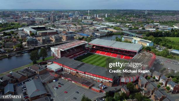An aerial view of the City Ground is seen prior to the Sky Bet Championship Play-Off Semi Final 2nd Leg match between Nottingham Forest and Sheffield...