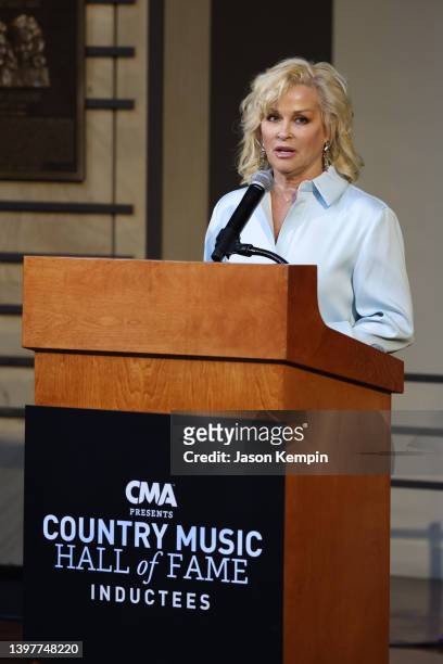 Lorrie Morgan speaks at the Country Music Hall of Fame 2022 inductees presented by CMA at Country Music Hall of Fame and Museum on May 17, 2022 in...