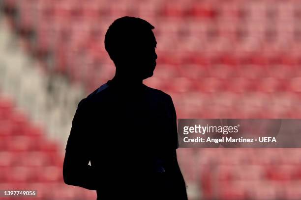 Silhouette of Giovanni van Bronckhorst, Manager of Rangers during the Rangers FC Training session at Estadio Ramon Sanchez Pizjuan on May 17, 2022 in...