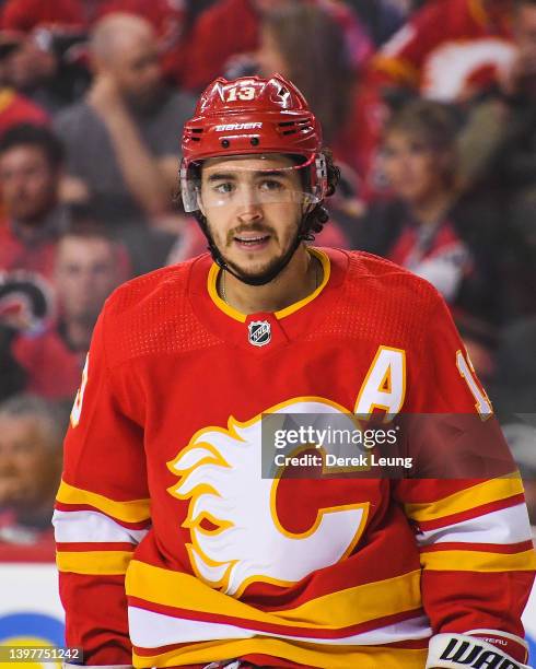 Johnny Gaudreau of the Calgary Flames in action against the Dallas Stars during Game Seven of the First Round of the 2022 Stanley Cup Playoffs at...