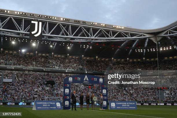 Women's Serie A arch sits in place as the Juventus Women's team prepare to enter the field of play to be presented with the League Trophy prior to...