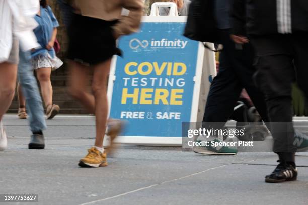 People walk past a Covid testing site on May 17, 2022 in New York City. New York’s health commissioner, Dr. Ashwin Vasan, has moved from a "medium"...