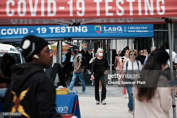 People walk past a Covid testing site on May 17, 2022 in New York City. New York’s health commissioner, Dr. Ashwin Vasan, has moved from a "medium"...