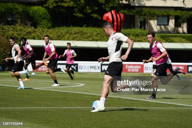 Daniel Maldini in action during an AC Milan training session at Milanello on May 17, 2022 in Cairate, Italy.