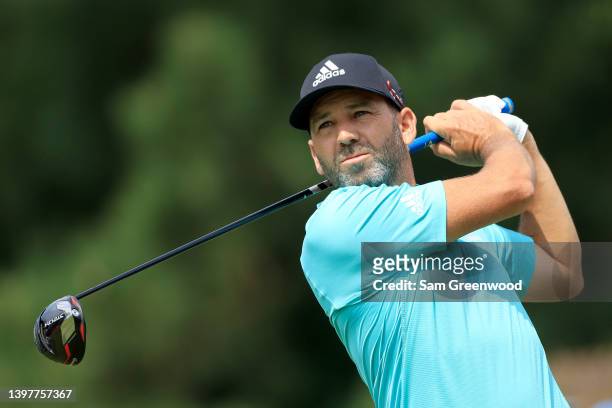 Sergio Garcia of Spain plays his shot from the third tee during a practice round prior to the start of the 2022 PGA Championship at Southern Hills...