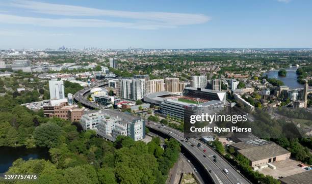 An aerial view of Brentford and the Brentford Community Stadium prior to the Premiership Rugby Cup Final between London Irish and Worcester Warriors...