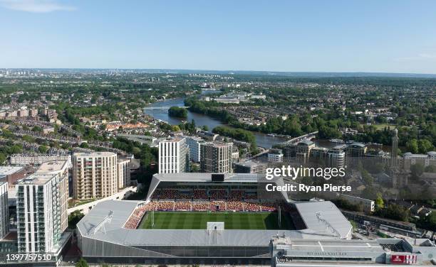 An aerial view of Brentford and the Brentford Community Stadium prior to the Premiership Rugby Cup Final between London Irish and Worcester Warriors...