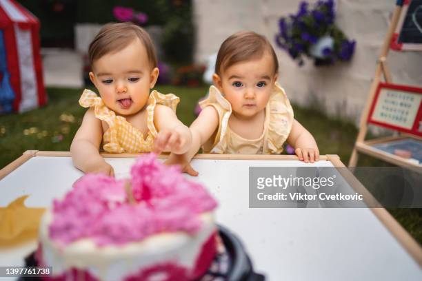 twin sisters celebrating their first birthday - multiple birth stock pictures, royalty-free photos & images
