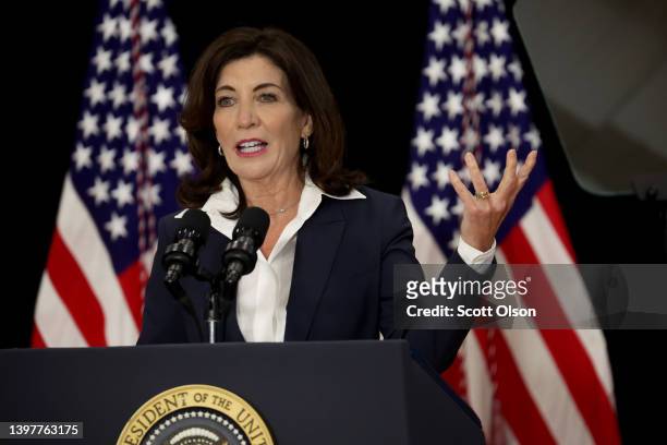 New York Governor Kathy Hochul speaks to guests during an event with US President Joe Biden and several family members of victims of the Tops market...