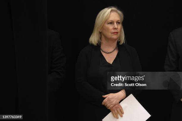 Senator Kirsten Gillibrand waits to be introduced during an event with President Joe Biden and several family members of victims of the Tops market...