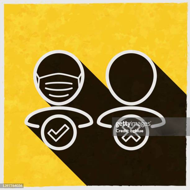 no entry without face mask. icon with long shadow on textured yellow background - mask instructions stock illustrations