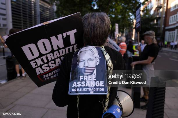 Protesters gather outside the Home Office to Demand Julian Assange's Immediate release on May 17, 2022 in London, England. A UK court formally...
