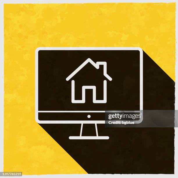 desktop computer with smart home. icon with long shadow on textured yellow background - using desktop computer at home stock illustrations