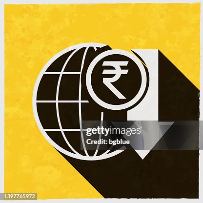 Indian rupee rate decrease. Icon with long shadow on textured yellow background Indian rupee rate decrease. Icon with long shadow on textured yellow background