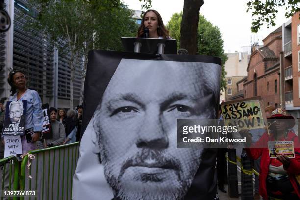 Stella Assange, wife of WikiLeaks founder Julian Assange, delivers a speech in front of the Home Office as protesters gather to Demand Julian...