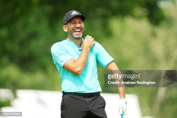 Sergio Garcia of Spain reacts on the seventh hole during a practice round prior to the start of the 2022 PGA Championship at Southern Hills Country...