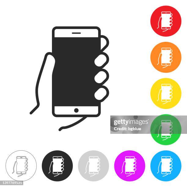hands holding mobile phone. icon on colorful buttons - iphone blank screen stock illustrations