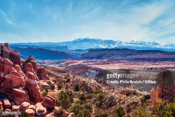 fiery furnace viewpoint of the la sal mountains,arches national park,utah,united states,usa - fiery furnace arches national park stock pictures, royalty-free photos & images