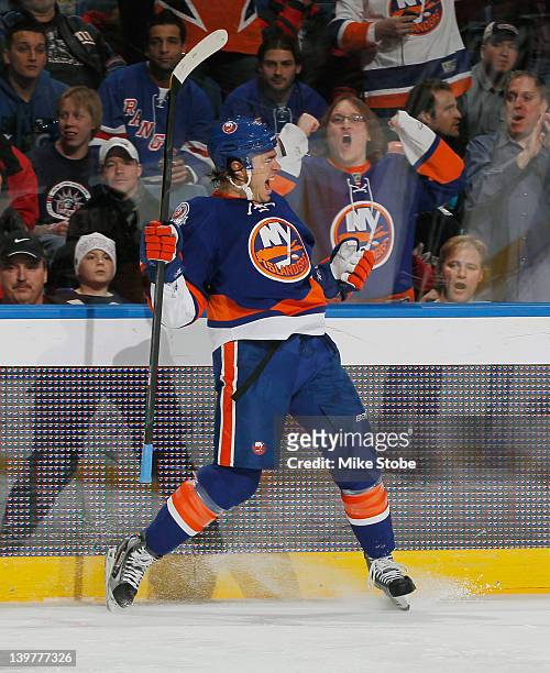 Parenteau of the New York Islanders celebrates his first period goal during the game against the New York Rangers at Nassau Veterans Memorial...