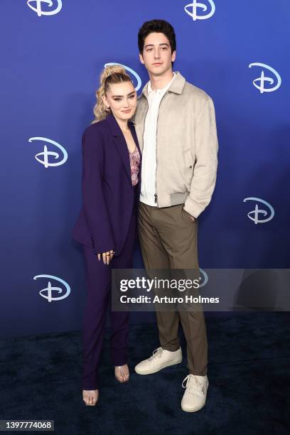 Meg Donnelly and Milo Manheim attend the 2022 ABC Disney Upfront at Basketball City - Pier 36 - South Street on May 17, 2022 in New York City.