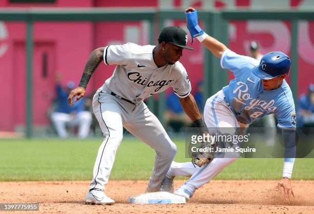 Nicky Lopez of the Kansas City Royals arrives safely at 2nd base for a steal as Tim Anderson of the Chicago White Sox is too late applying the tag...