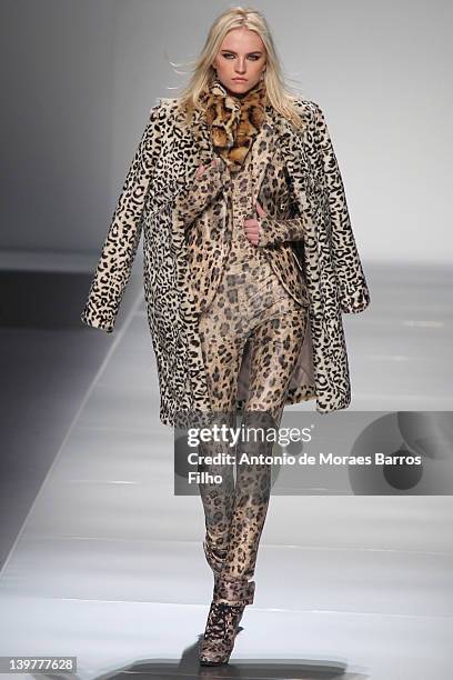 Model walks the runway at the Blumarine Autumn/Winter 2012/2013 fashion show as part of Milan Womenswear Fashion Week on February 24, 2012 in Milan,...