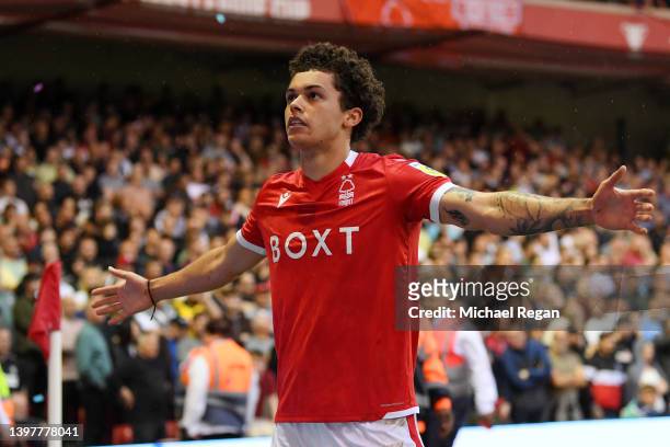Brennan Johnson of Nottingham Forest celebrates after scoring their side's first goal during the Sky Bet Championship Play-Off Semi Final 2nd Leg...