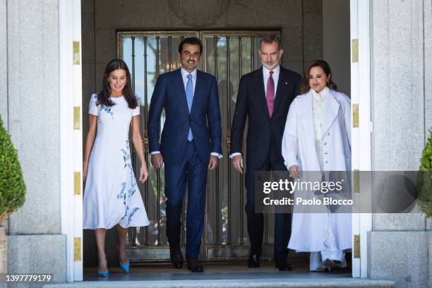 King Felipe VI of Spain and Queen Letizia of Spain receive Emir of the State of Qatar, Sheikh Tamim bin Hamad Al Thani and Her Excellency Sheikha...