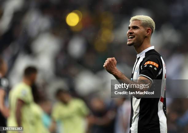 Newcastle player Bruno Guimaraes is seen on the pitch after the Premier League match between Newcastle United and Arsenal at St. James Park on May...