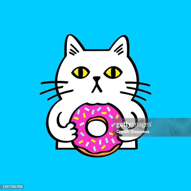 ilustraciones, imágenes clip art, dibujos animados e iconos de stock de gato blanco comiendo una dona - donuts