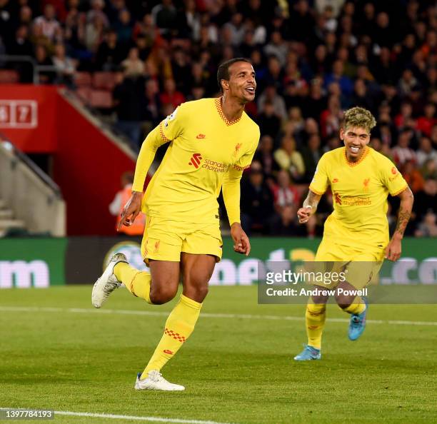 Joel Matip of Liverpool scoring the second goal making the score 1-2 during the Premier League match between Southampton and Liverpool at St Mary's...