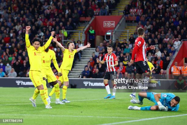 Players of Liverpool celebrate after Joel Matip of Liverpool scores their sides second goal during the Premier League match between Southampton and...