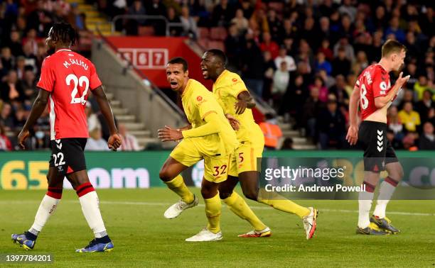 Joel Matip of Liverpool scoring the second goal making the score 1-2 during the Premier League match between Southampton and Liverpool at St Mary's...