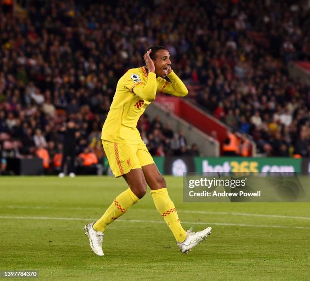 Joel Matip of Liverpool scoring the second goal making the score 1-2 during the Premier League match between Southampton and Liverpool at St Mary's...