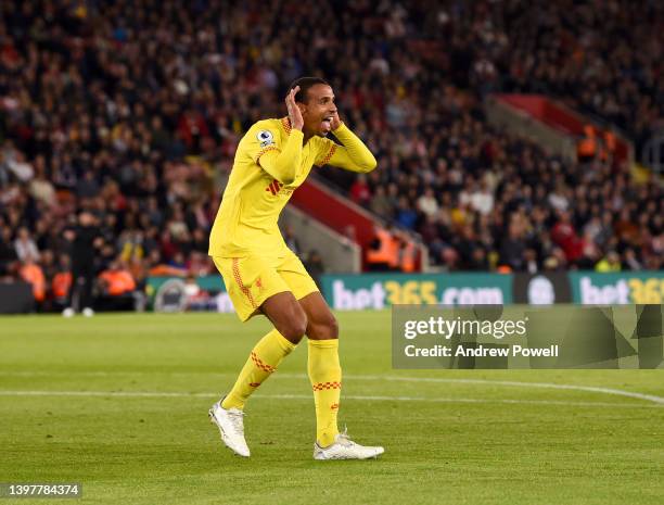 Joel Matip of Liverpool scoring the second goal making the score 1-2 during the Premier League match between Southampton and Liverpool at St Mary's...