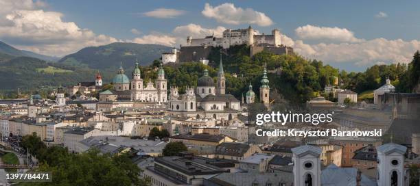 salzburg  city panorama, austria - salzburg stock-fotos und bilder