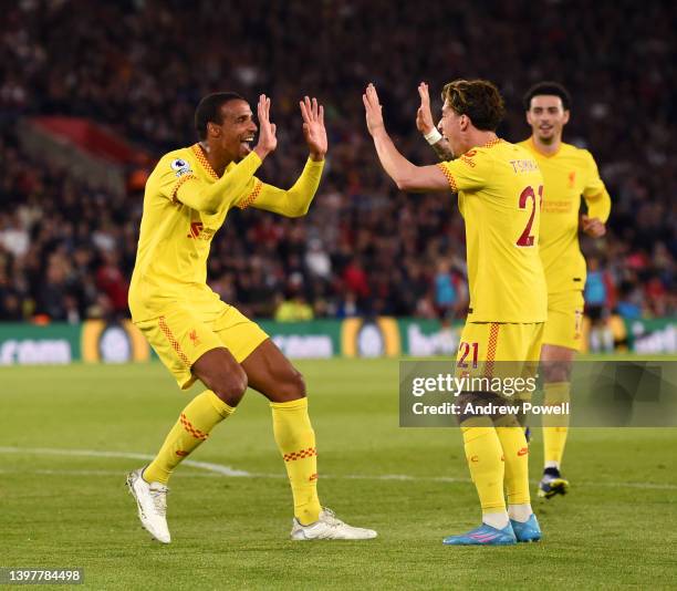 Joel Matip of Liverpool celebrates after scoring the second goal during the Premier League match between Southampton and Liverpool at St Mary's...