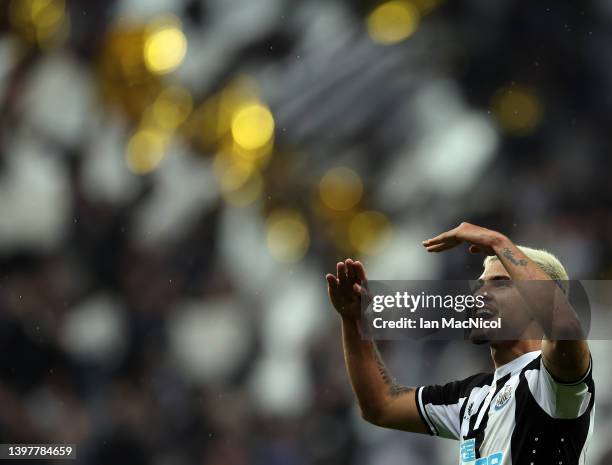 Newcastle player Bruno Guimaraes is seen on the pitch after the Premier League match between Newcastle United and Arsenal at St. James Park on May...