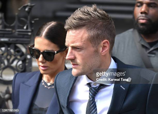Rebekah Vardy and Jamie Vardy leave the Royal Courts of Justice, Strand on May 17, 2022 in London, England. Coleen Rooney, wife of Derby County...
