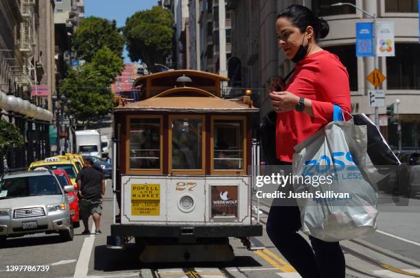 Pedestrian carries a shopping bag while walking through Union Square on May 17, 2022 in San Francisco, California. Monthly retail sales were up 0.9...