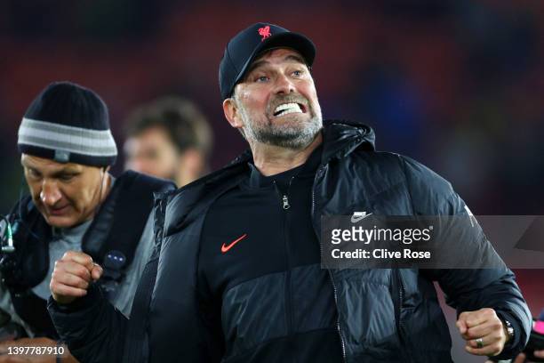 Jurgen Klopp, Manager of Liverpool celebrates their sides victory after the Premier League match between Southampton and Liverpool at St Mary's...