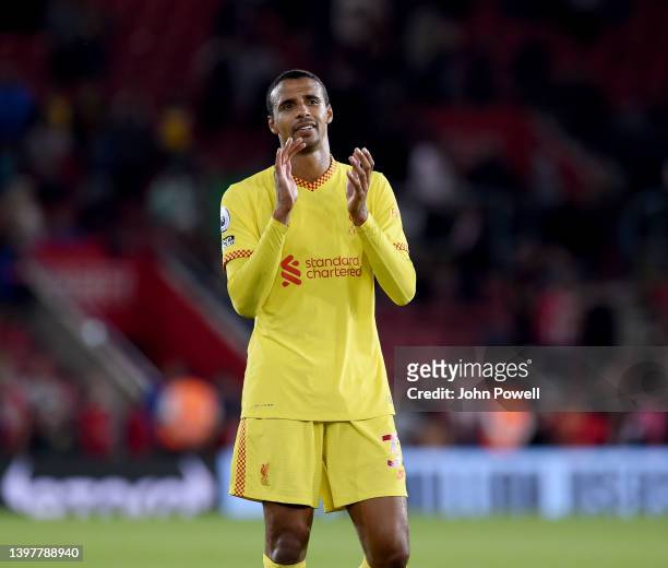 Joel Matip of Liverpool showing his appreciation to the fans at the end of the Premier League match between Southampton and Liverpool at St Mary's...