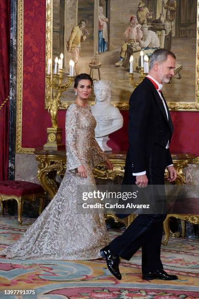 King Felipe VI of Spain and Queen Letizia of Spain attend a Gala Dinner in honor of Emir of the State of Qatar, Sheikh Tamim bin Hamad Al Thani and...