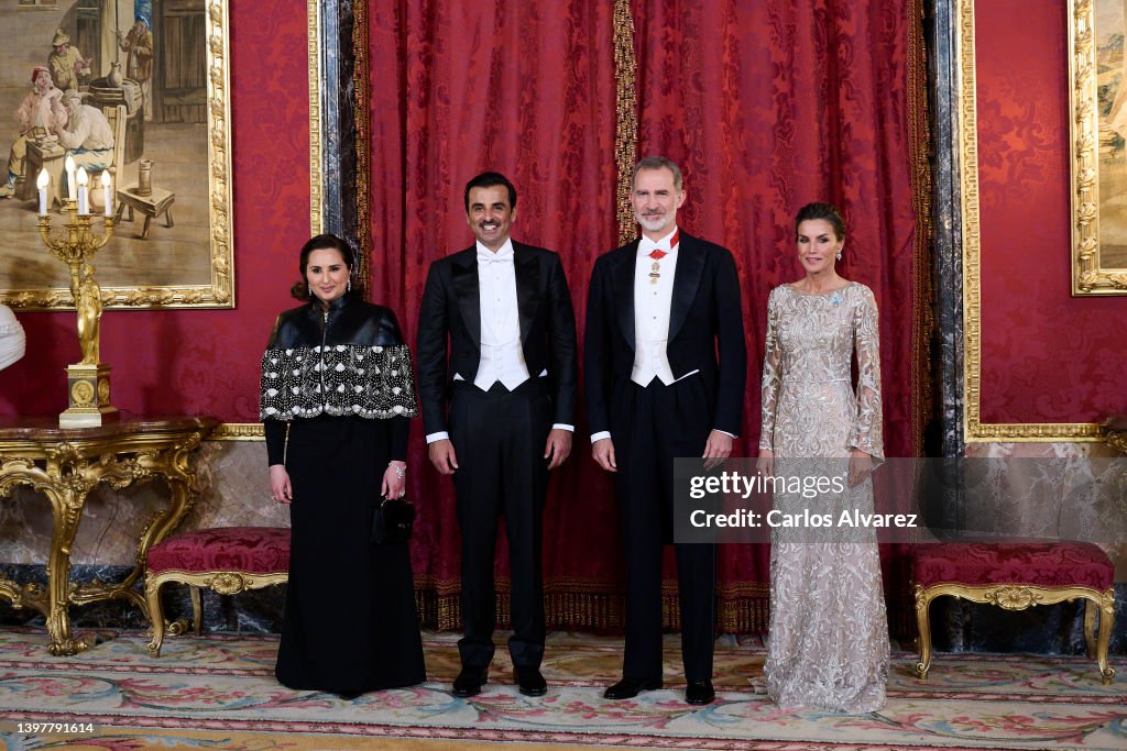 Spanish Royals Receive Qatar's Emir Sheikh Tamim And Sheikha Jawahir Bint Hamad Al Thani