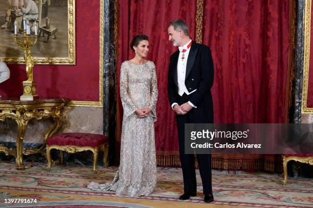 King Felipe VI of Spain and Queen Letizia of Spain attend a Gala Dinner in honor of Emir of the State of Qatar, Sheikh Tamim bin Hamad Al Thani and...