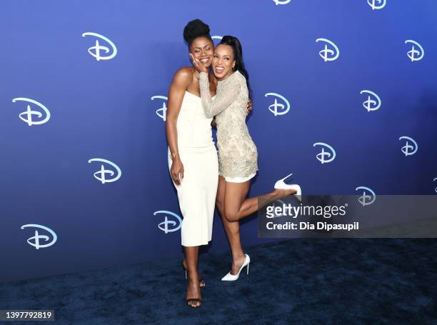 Emayatzy Corinealdi and Kerry Washington attend the 2022 ABC Disney Upfront at Basketball City - Pier 36 - South Street on May 17, 2022 in New York...