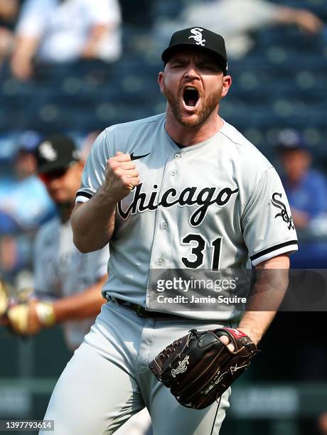 Relief pitcher Liam Hendriks of the Chicago White Sox reacts after the final out of game one of a doubleheader against the Kansas City Royals at...