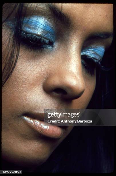 Close-up of fashion model Jane Davenport, 1970s.